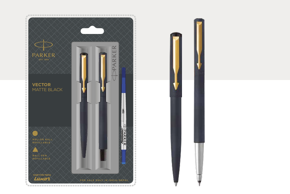 PARKER VECTOR MATTE BLACK BALL PEN + ROLLER BALL PEN WITH GOLD TRIM