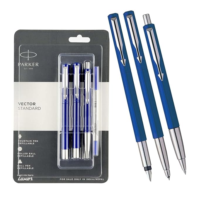 PARKER VECTOR STANDARD BALL PEN + ROLLER BALL PEN + FOUNTAIN PEN With Chrome Trim