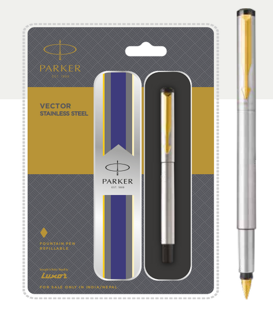 PARKER VECTOR STAINLESS FOUNTAIN PEN WITH GOLD TRIM