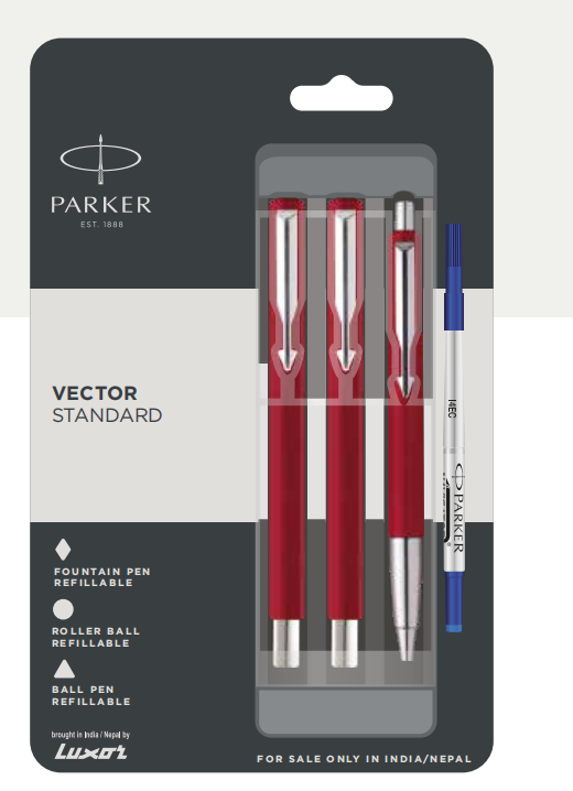 PARKER VECTOR STANDARD BALL PEN + ROLLER BALL PEN + FOUNTAIN PEN WITH CHROME TRIM