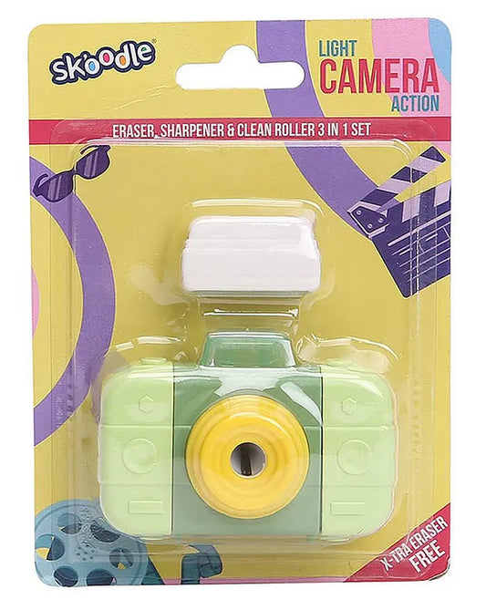 Skoodle Lights Camera Action Eraser, Sharpener & Clean Roller 3 in 1 Set